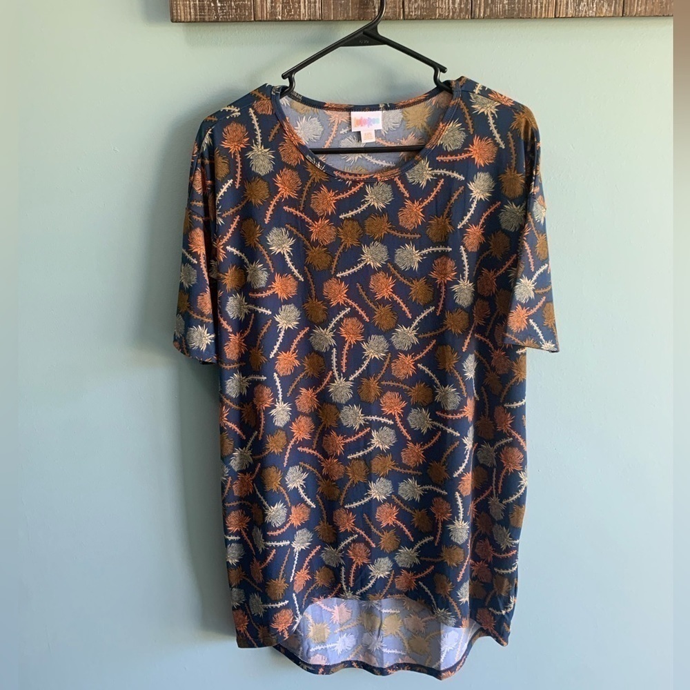 Lularoe IRMA Tunic Hi-Low XXS Clover Plants Orange Blue Tan Brown